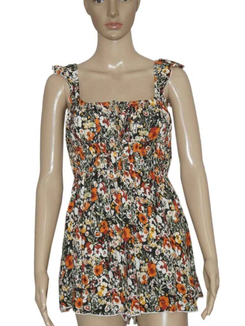 UO Rockaway Smocked Romper Urban Outfitters Printed Ruffle M